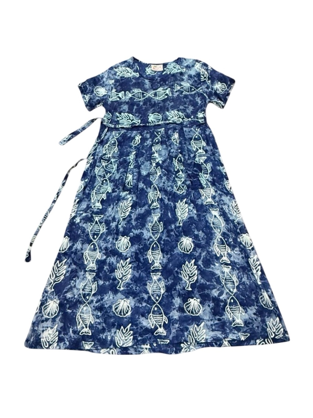 Vintage Y2K Club Mystique Blue Rayon Fish & Shell Print Midi Dress